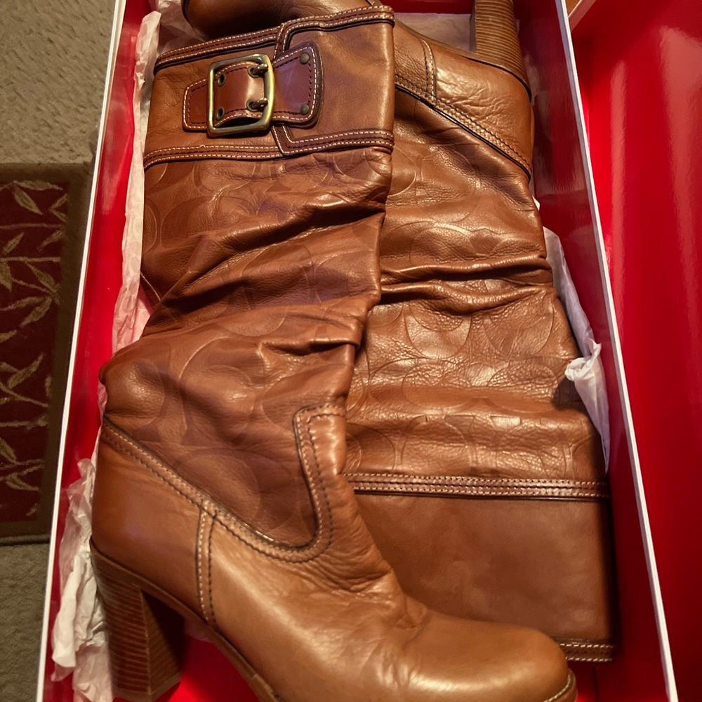 Coach Meredith Calf Leather Monogram Buckle Boots